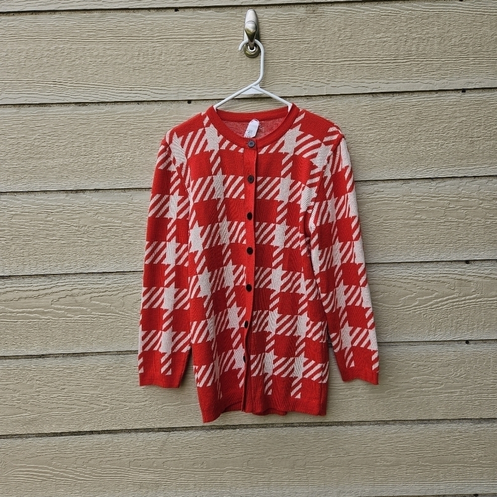 vintage red and cream wool blend cardigan houndstooth SEE MEASUREMENTS